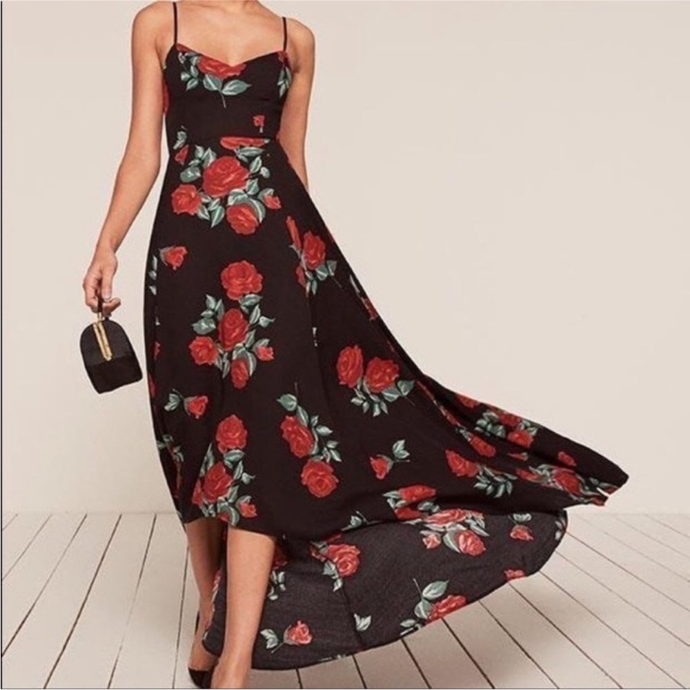 Reformation Sorrento Red Rose Dress High Low Black Size 8